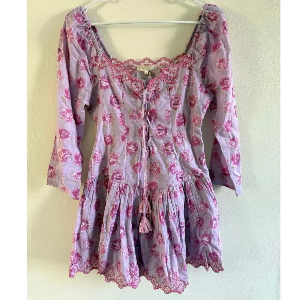 LoveShackFancy Deeba 8 Mini Dress Pink Lilac Fusion Pink Purple Lace Up - Picture 6 of 15